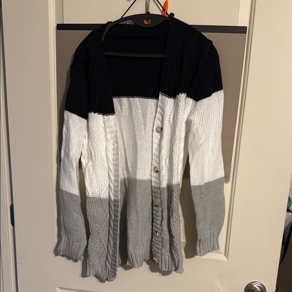 Colorblock Cardigan Sweater - Black, White, and Gray